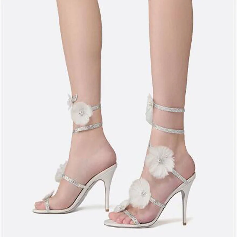 Feather Fur Flower Crystal Cross Strap Sandals White Black Glitter Elastic Band Open Toe Thin Heels Wedding Shoes Women Sandals
