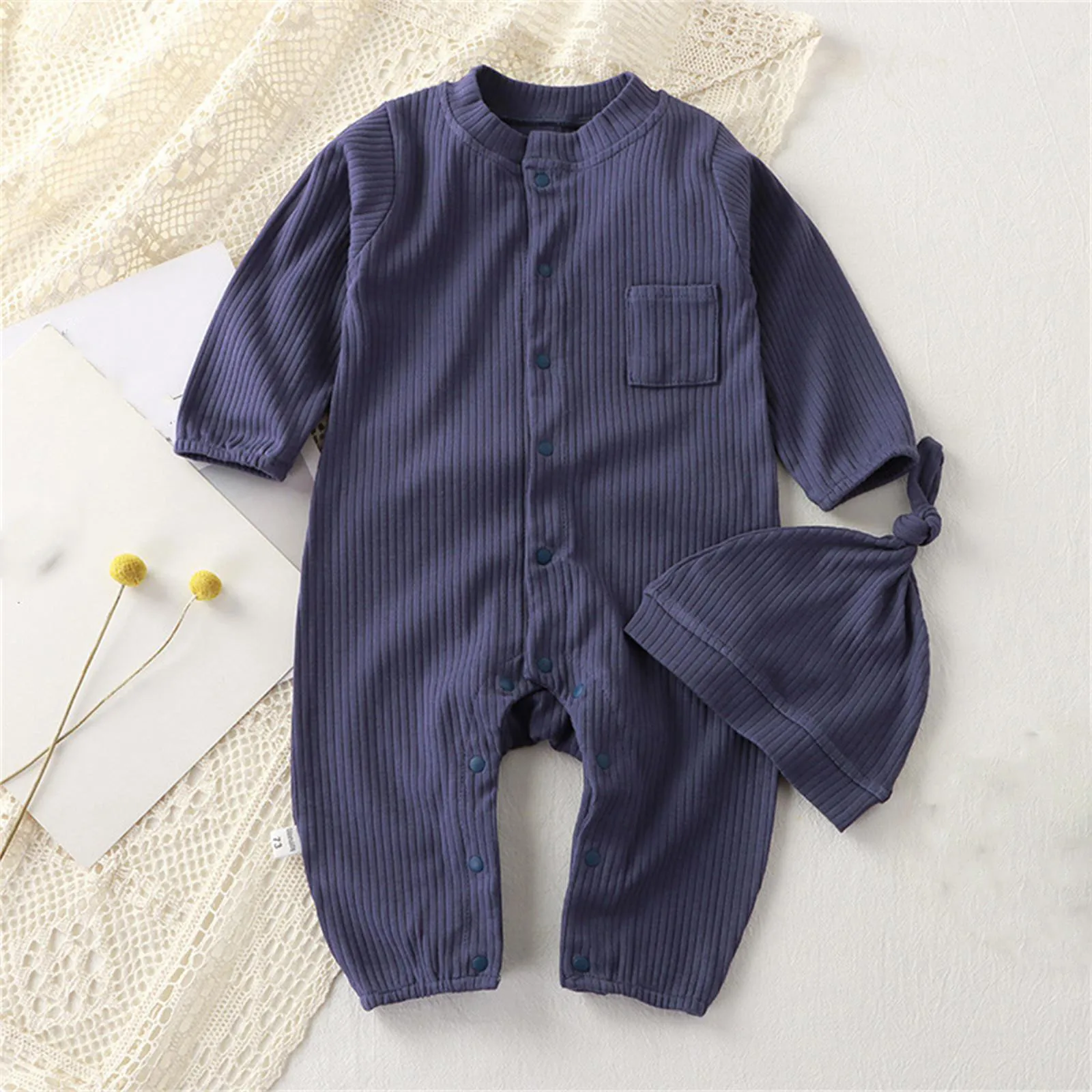 

Baby Jumpsuit With Hat Long Sleeve Cotton Toddler Romper for Boys Girls Solid Color Spring Autumn Baby Clothes Newborn Onesie