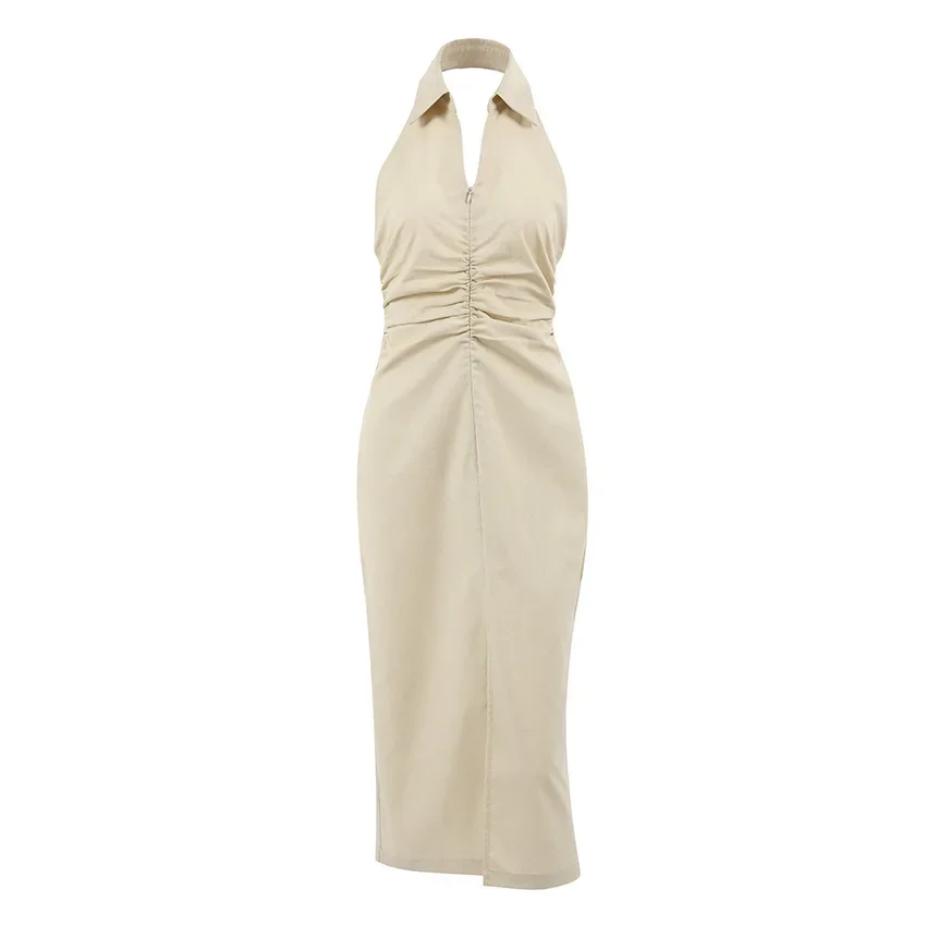 

2026 Temperament Hanging Neck Cotton And Linen Dress Khaki Backless Straight Tube Hip Hugging Skirt Women'S Wear