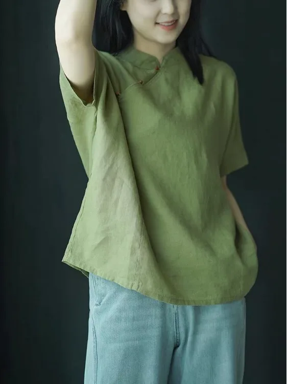 

New Chinese Sle Retro Cotton Linen ort Sve irt Collarl Women Summer Casual Loose Button up Top Pure Color