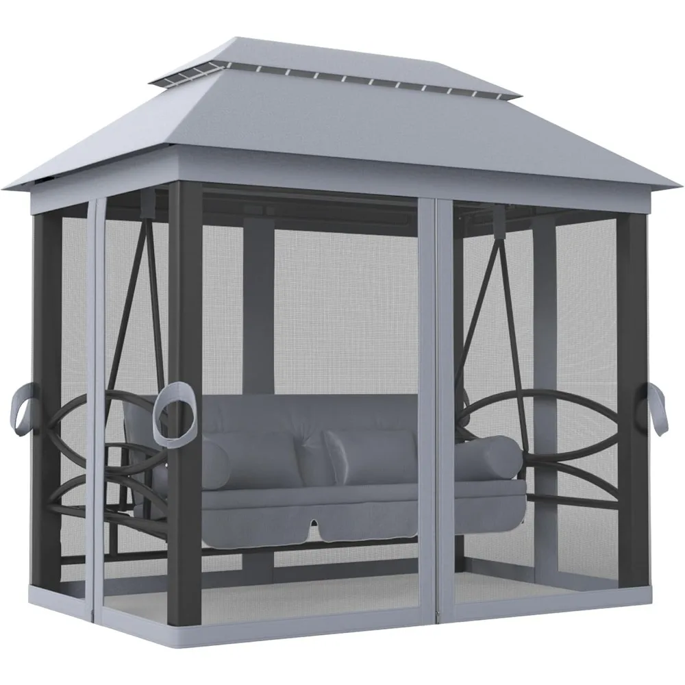 

3-Seat Patio Swing Chair, Outdoor Gazebo Swing with Double Tier Canopy, Mesh Sidewalls, Cushioned Seat and Pillows, Gray