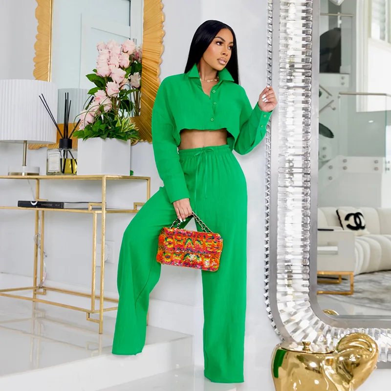 

2024 autumn women cross-border new simple solid color short shirt wide leg trousers leisure suit two piece sets womens outifits
