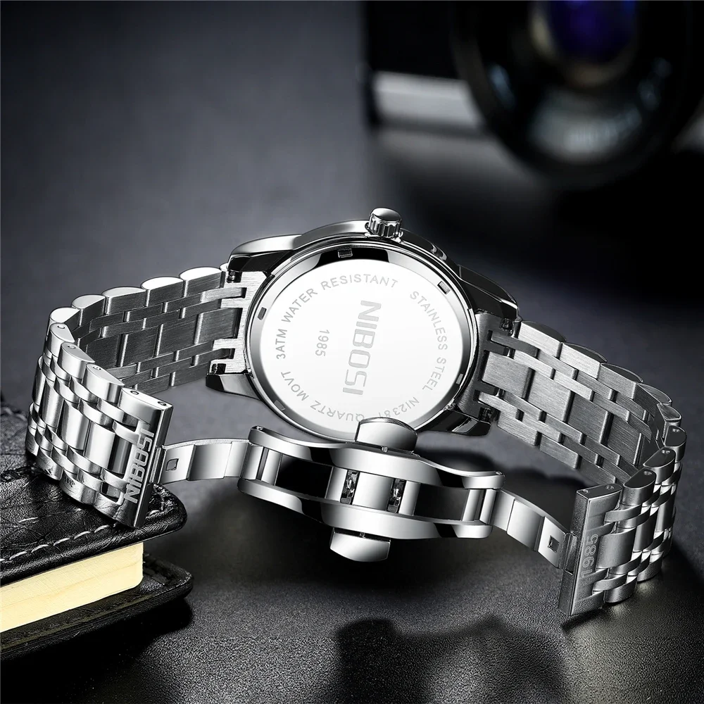 NIBOSI Watches Men Luxury Brand Stainless Steel Date Week Simple Sport Quartz Watch Men Waterproof Business Dress Wristwatch