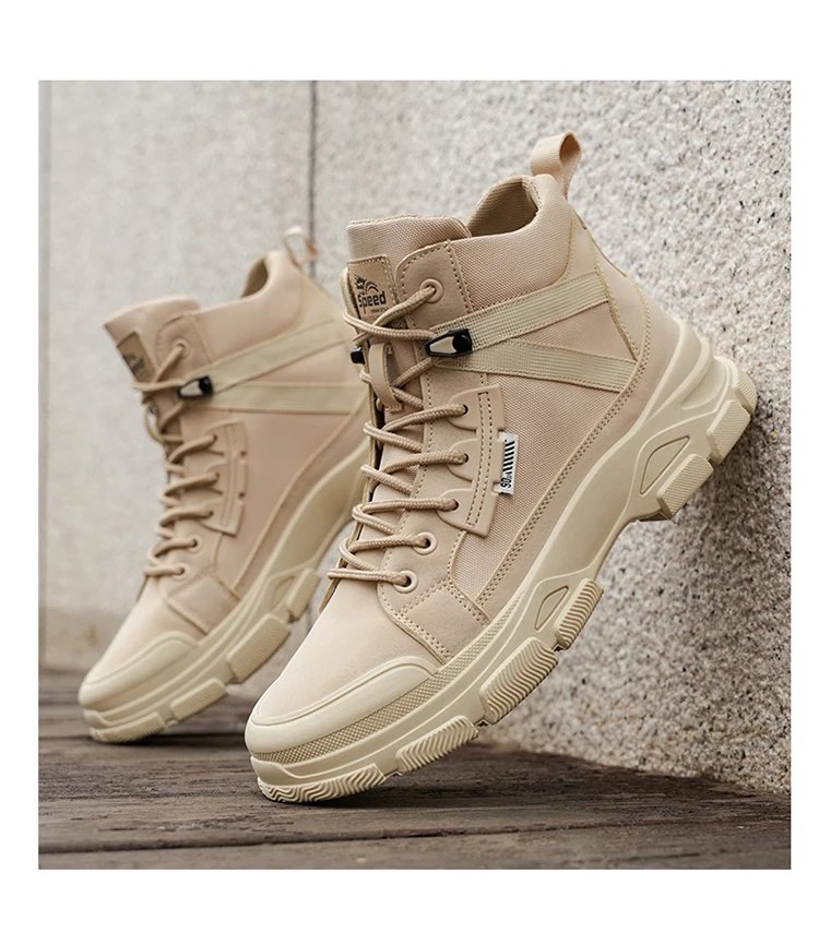 Zweifarbige Canvas-High-Top-Arbeitsstiefel für Herren, klobige, rutschfeste Plateau-Sneaker zum Schnüren für Wandern, Camping, tägliche Pendelfahrten – Detail 12