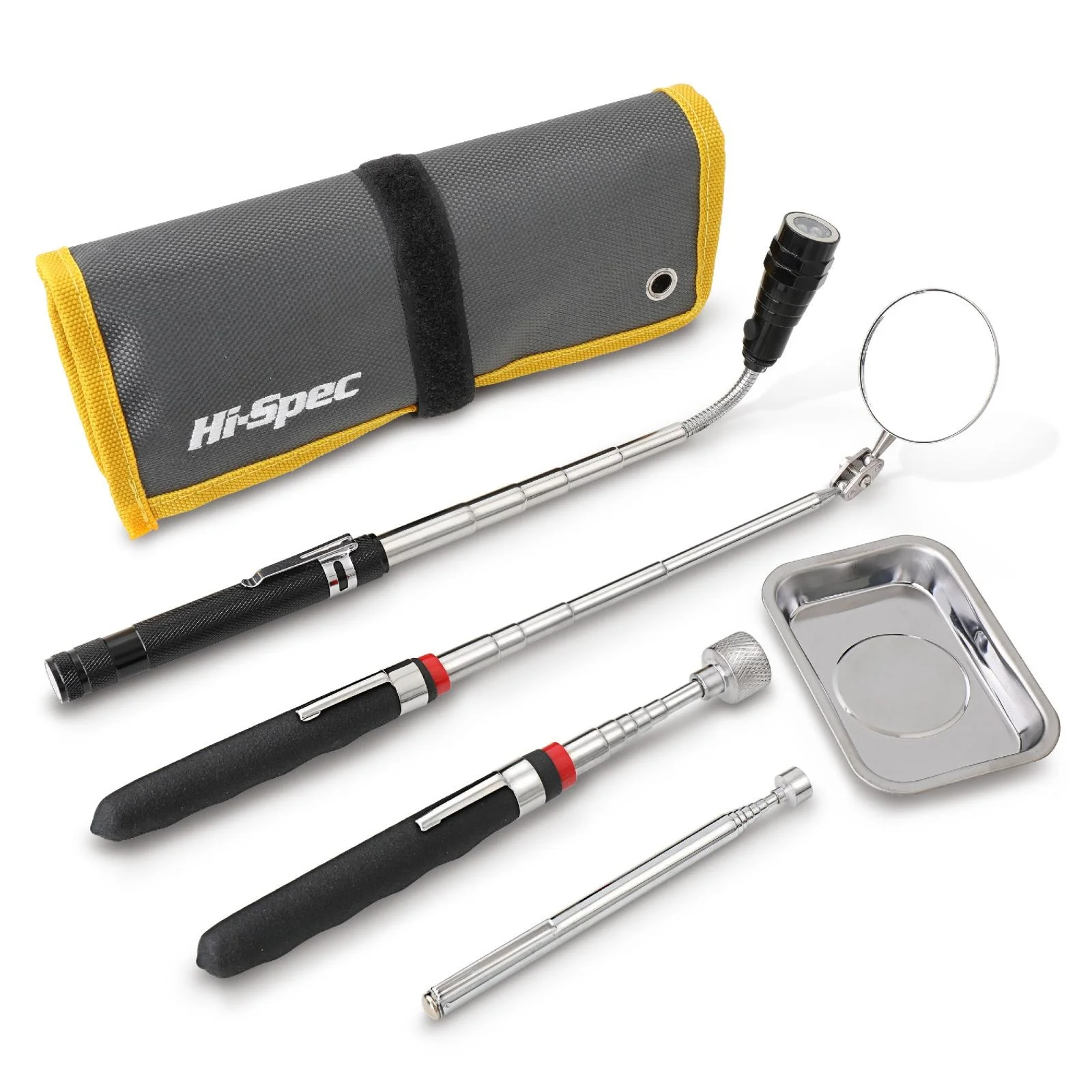 Hi-Spec 5PC Pick Up Tool Kit, Magnetic Pickup Tool With LED Light, Extending Inspection Mirror & Magnetic Tray With Tool Bag