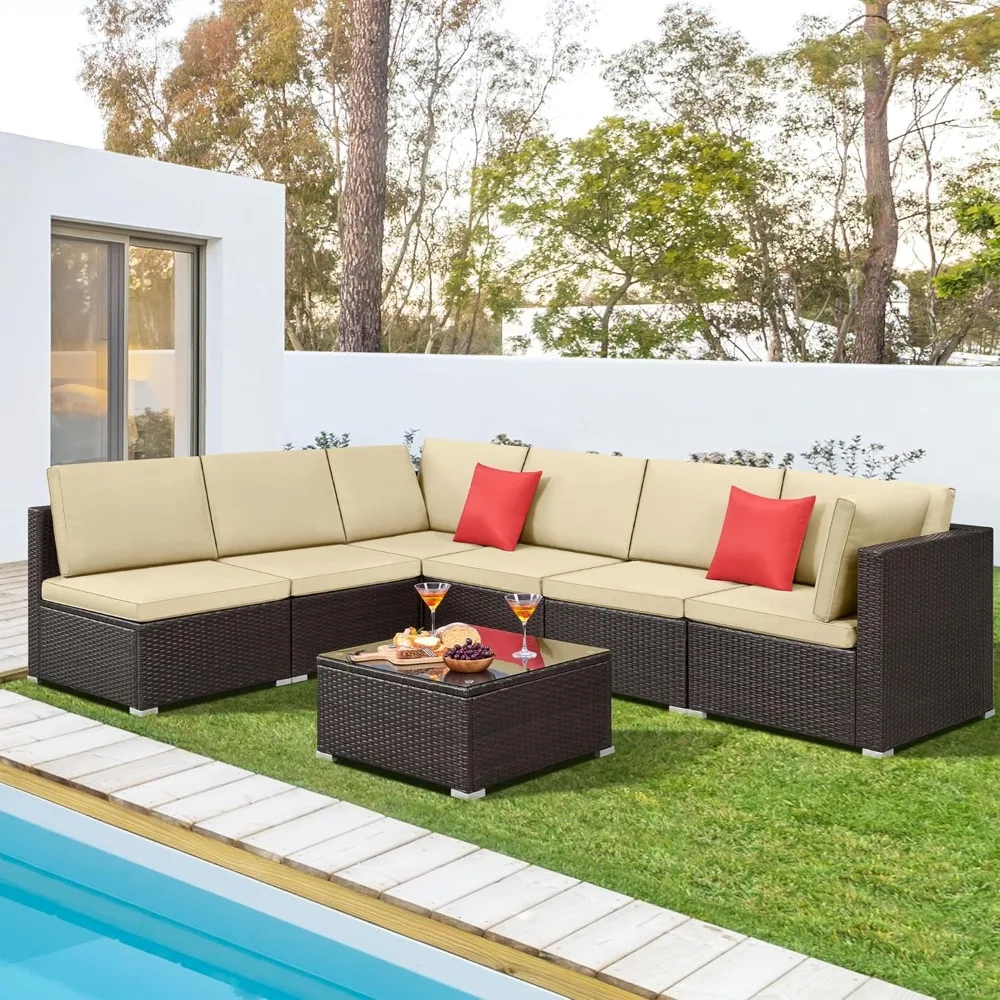 

Patio Furniture Set, 7-Piece Outdoor/Indoor Rattan Wicker Sofa Set w/Glass-top Table & Cushions, All-Weather Conversat