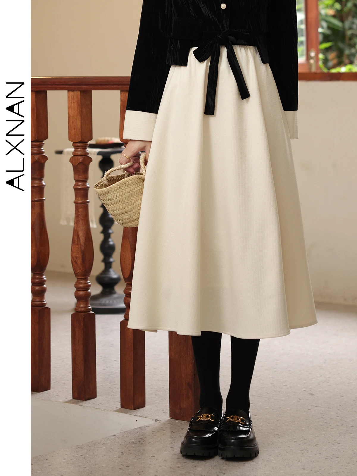 

ALXNAN Women Elegant Skirt 2024 Autumn Winter Solid A-line Elastic Waist Midi Skirt Fashion Chic Women Commuter Skirt LXN27863