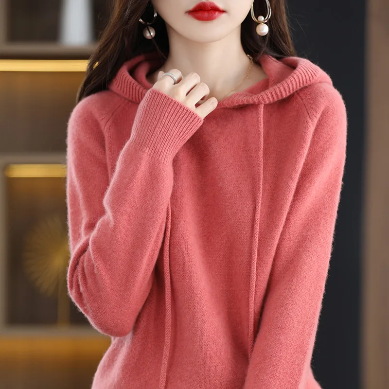 2024 Autumn and Winter New Hooded Cashmere Sweater Women  Hooded Pullover Sweater Warm Loose Hooded Knitted Sweater