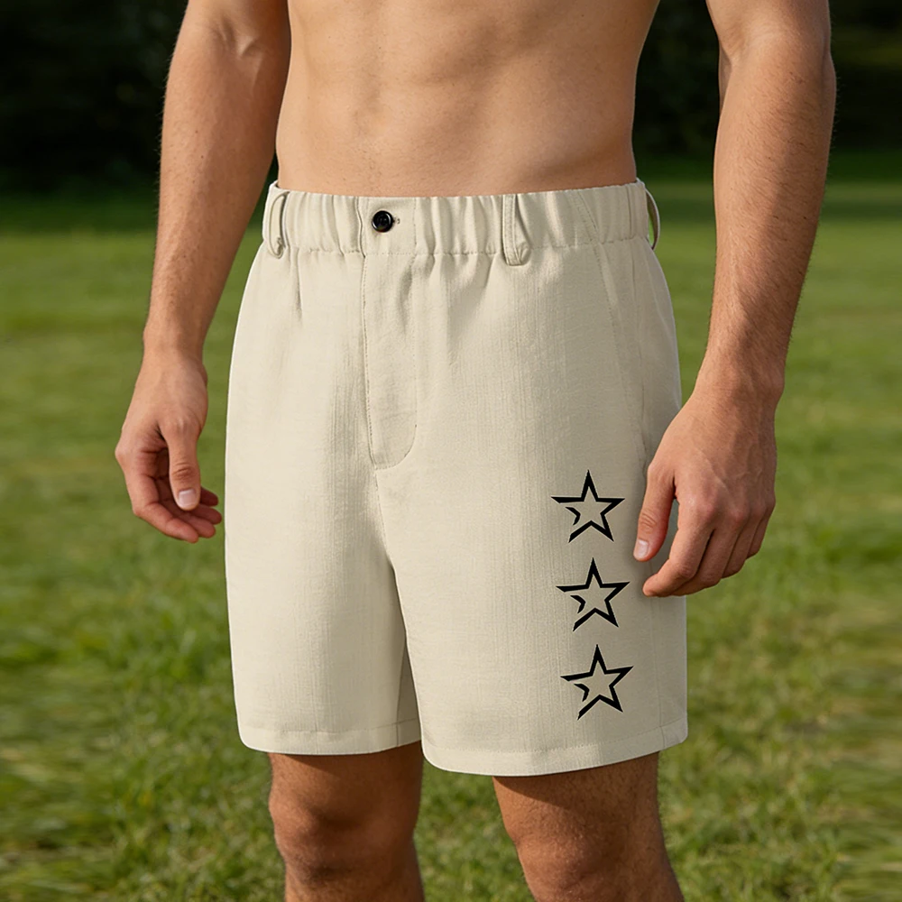 

Men's Vintage Star Print Shorts Beige Faux Linen Summer Streetwear Y2K Aesthetic Casual Short Pants Harajuku Loose Bottoms