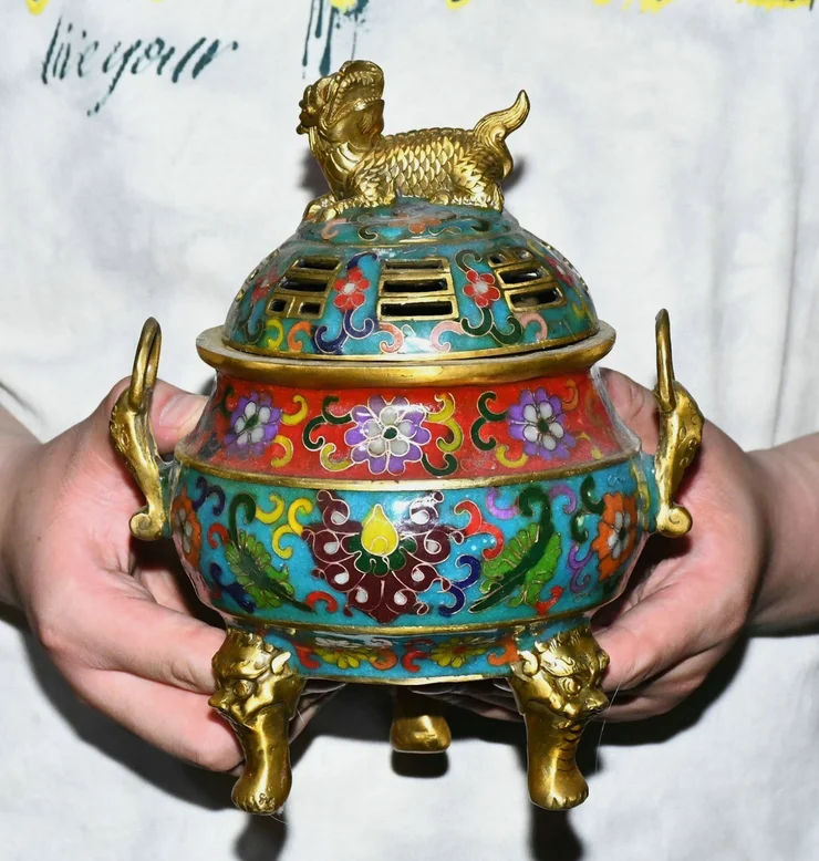 Old Cloisonne Enamel Bronze Kylin Kirin Chi-Lin Kilin Qilin Bagua Incense Burner