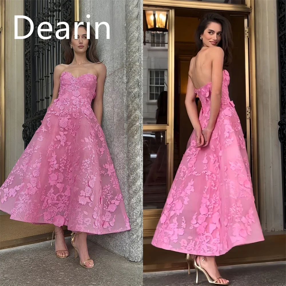 ที่กําหนดเองชุดอย่างเป็นทางการ Dearin Strapless A-Line ข้อเท้าความยาวกระโปรง Applique Tulle Bespoke โอกาสชุดราตรีซาอุดีอาระเบีย