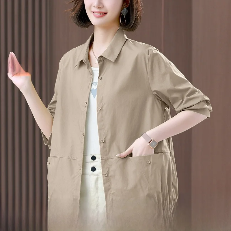 

Loose Fit Long Sve Pure Cotton irt ort Sle Thin Single Layer Outerwear for Women Casual Wear Commute Faion