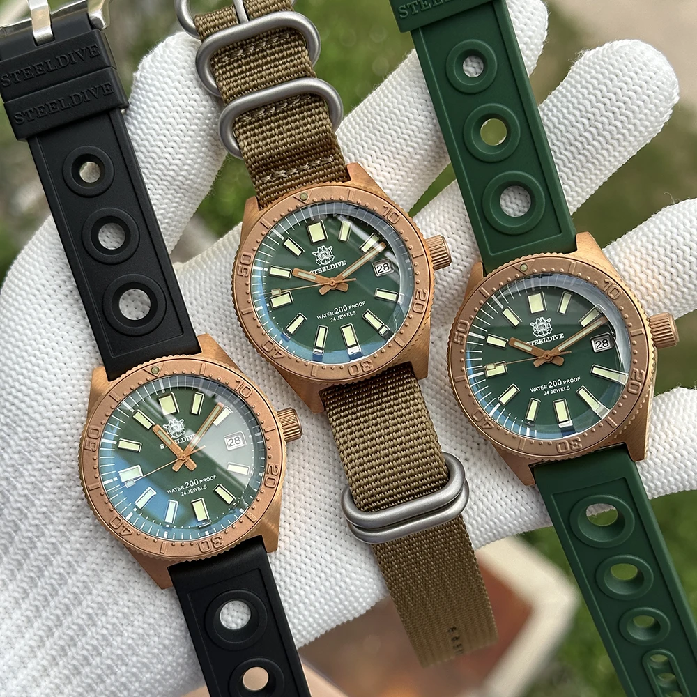 Reloj de buceo STEELDIVE para hombre, reloj de pulsera mecánico automático con piloto de bronce, 20bar C3, zafiro luminoso, bisel de 120 clics NH35