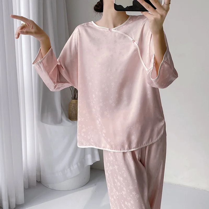 Chinese Style Pajamas Long Sleeve Top&pants Elegant Home Clothes Women Summer Spring Trousers Set Rayon 2Pcs Nightwear Sleepwear