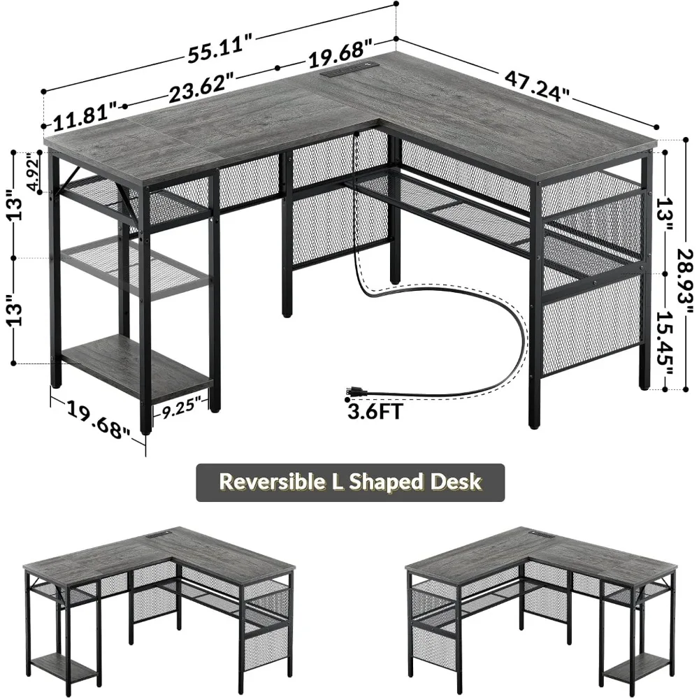 Shaped Computer Desk with USB Charging Port and Power Outlet, Reversible Corner Desk with Storage Shelves