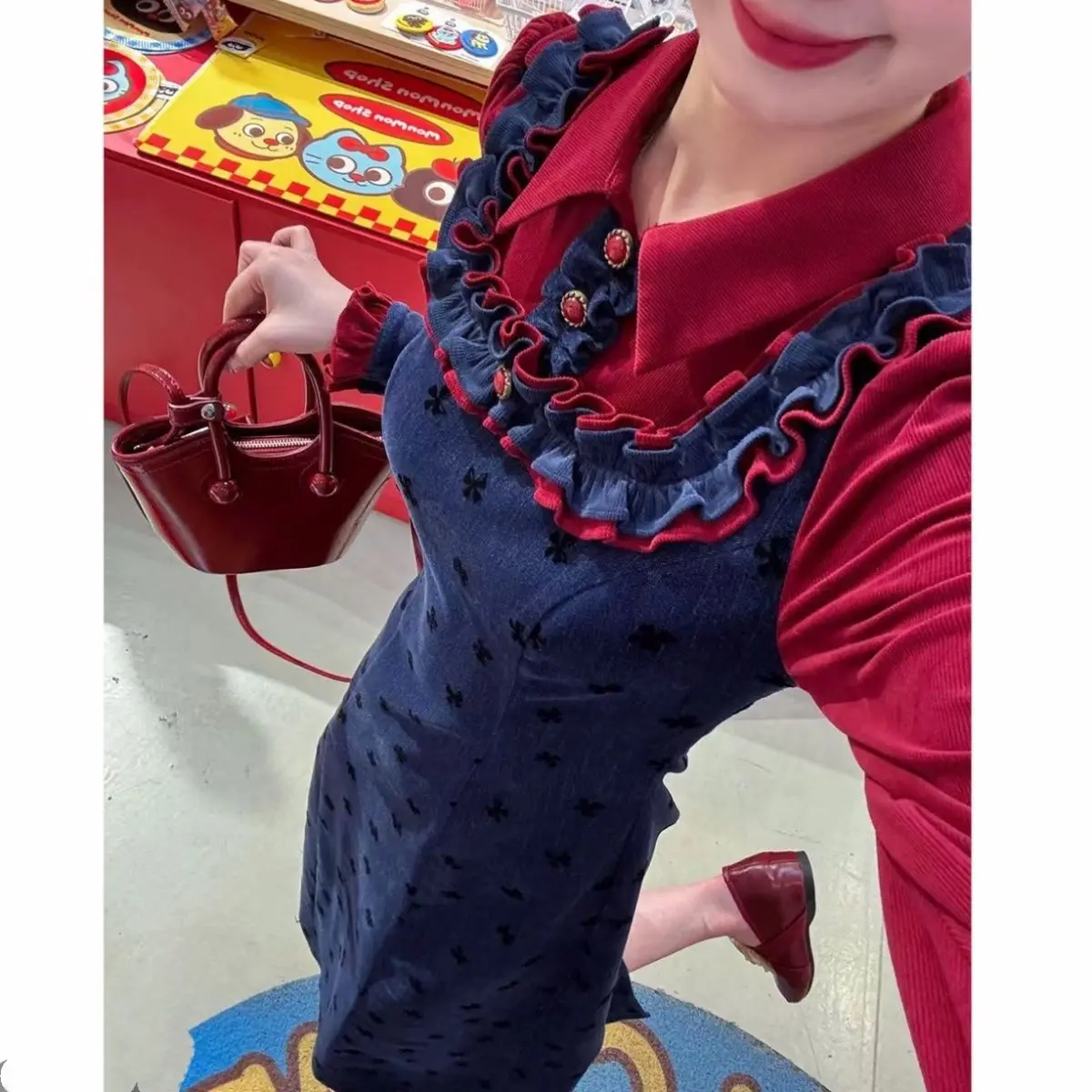 

2025 autumn new French contrasting color splicing thin long-sleeved dress fake two pieces temperament waist long dress children
