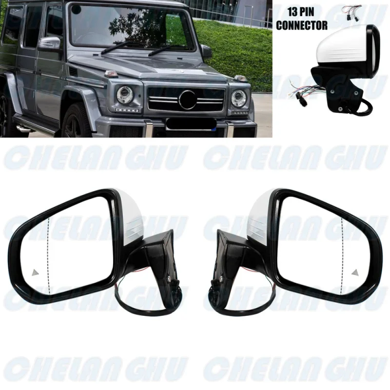 For Benz W463 2005 2006 2007 2008 2009 2010 2011 2012 2013 2014 2015 2016 2017 2018 1 Pair 13Pins White Painted Auto Fold Mirror