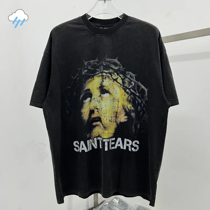 

Vintage Washed Black Character Pattern Printing Saint Tears T Shirt Men Women Oversized 100% Cotton Tops Tee Streetwear T-Shirt