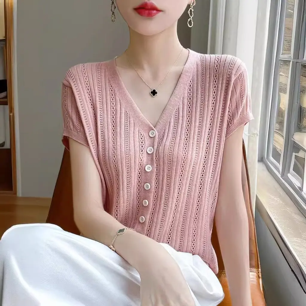 

Women's Hollow-Out Cardigan Short-Sleeve V-Neck Top Slim-Fit Single-Breasted Knit Summer Versatile Loose Fashion