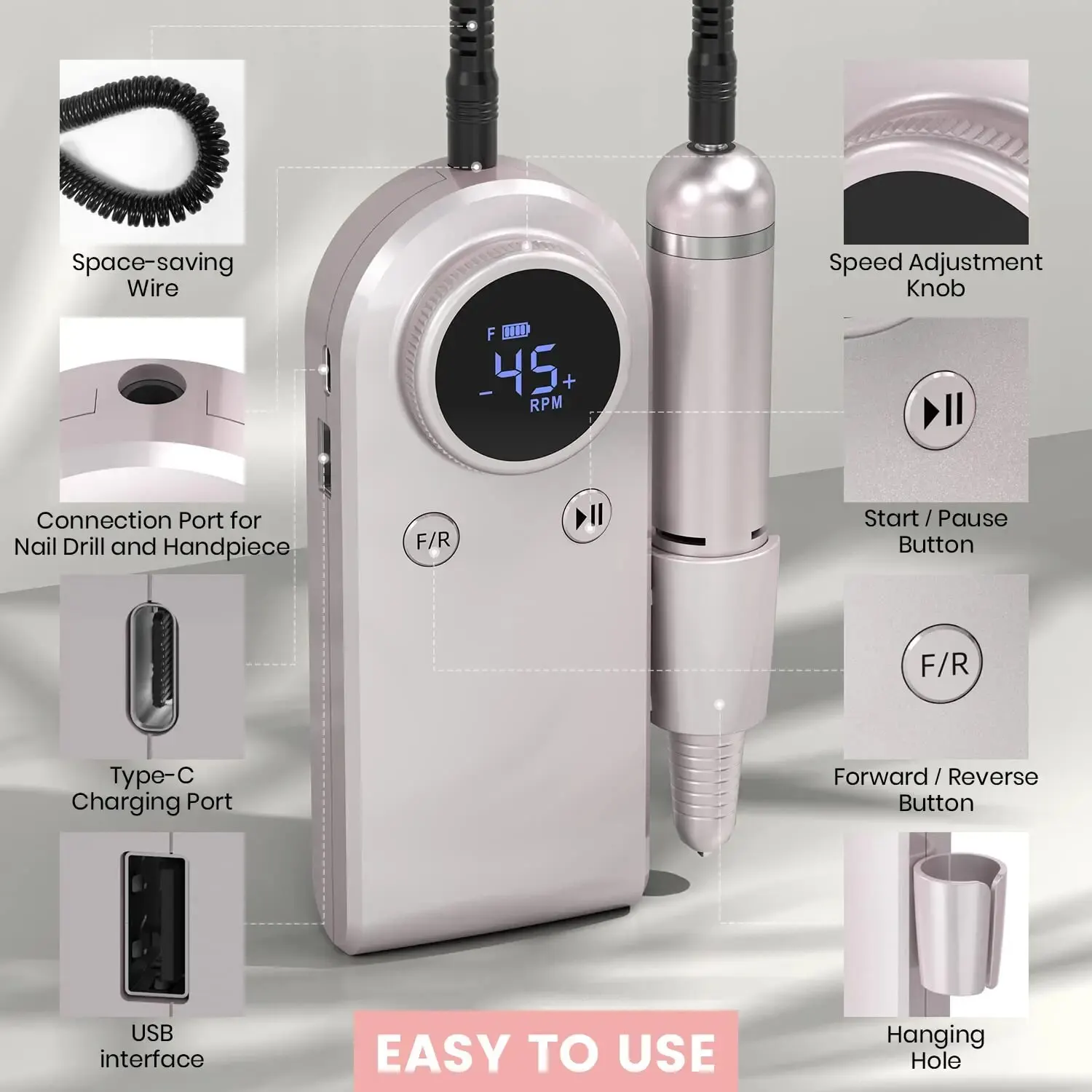 45000RPM Rechargeable Nail Drill Manicure Machine Professional Nail Drill With LCD Display Portable Cordless Drill Set Nail Art