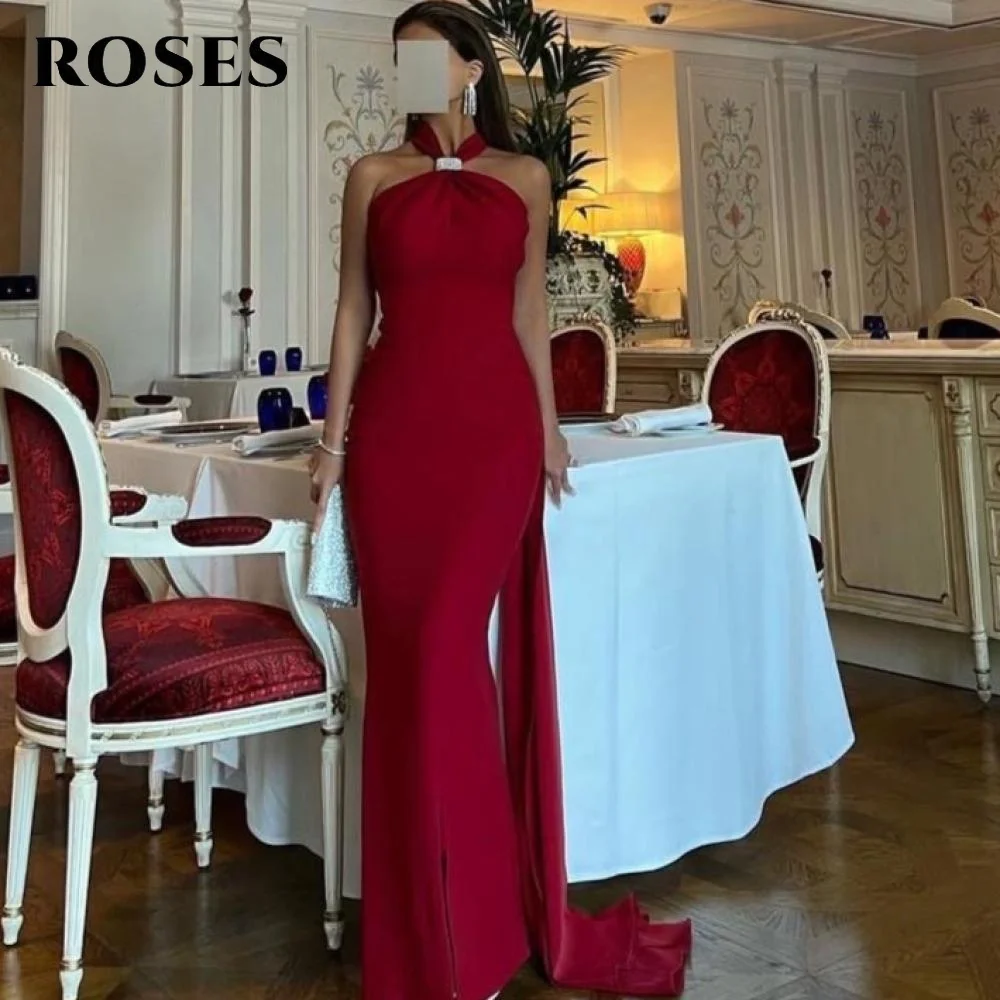 Rosas vermelho halter mancha vestido de baile plissados sereia vestidos de celebridades sexy sem mangas vestidos de noite femininos para gala personalizado