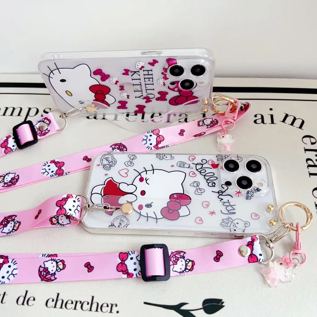 Hello Kitty For iPhone 15 14 13 12 11 Pro Xs Max Xs XR 7 8 6 Plus SE 2020 Case Wrist Strap Ornament