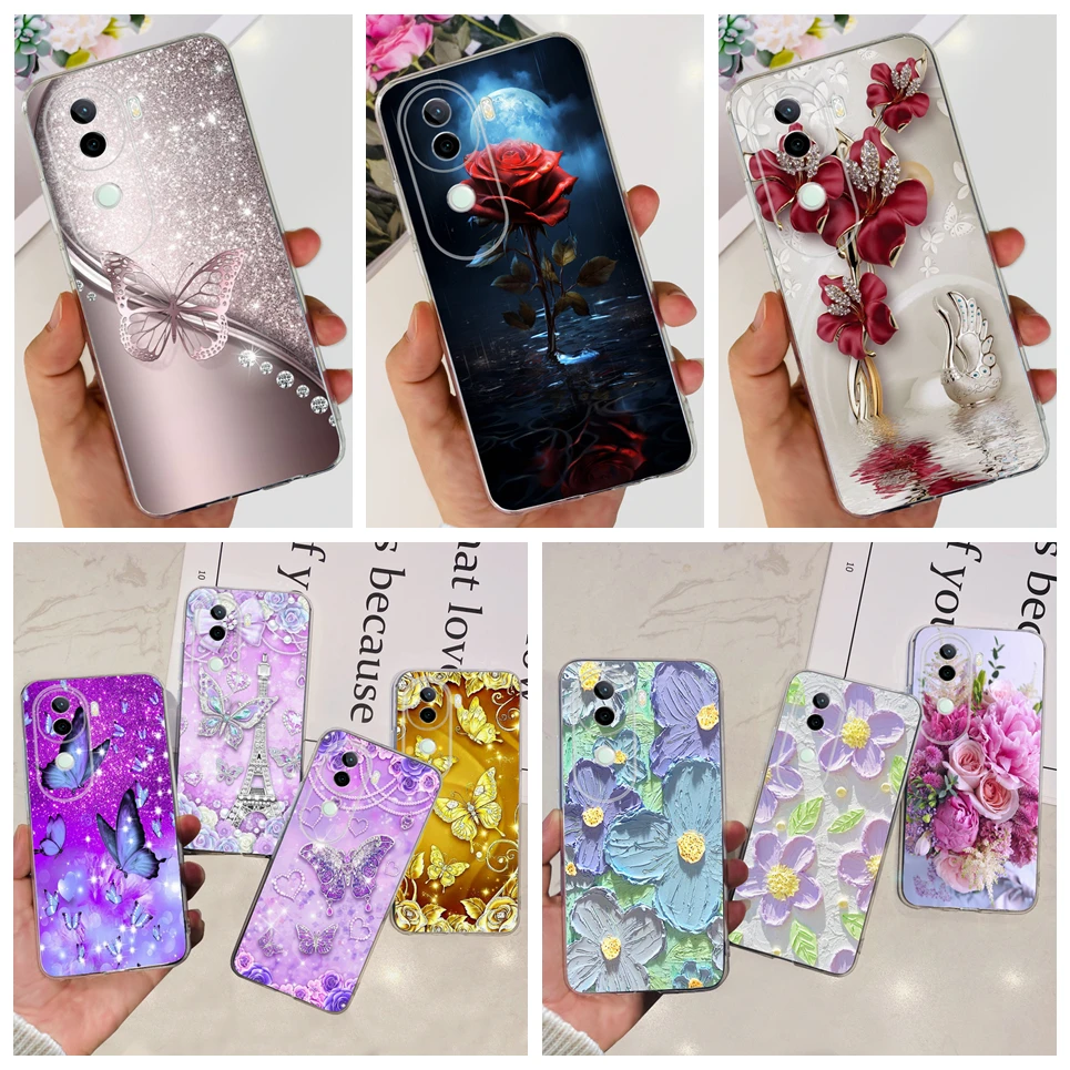 For Vivo V40e V40 Pro V2347 V40 V2348 Phone Case Flower Butterfly Woman Fashion Soft TPU Bumper Transparent Silicone Capa Shell