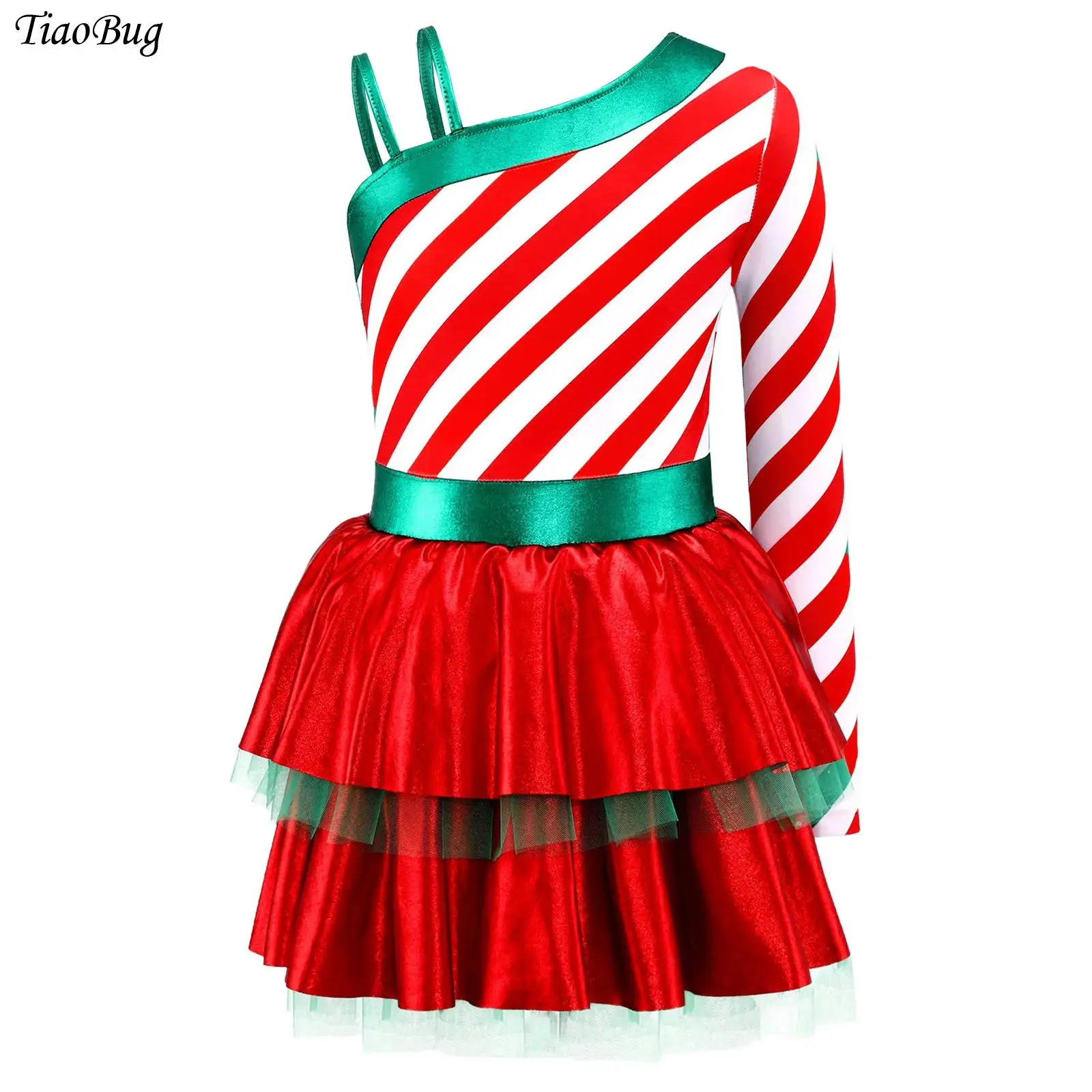 

Girls Christmas Candy Cane Striped Dress Long Sleeve Patchwork Layered Ruffle Ballet Tutu Dress Gymnastics Leotard Skating Dress