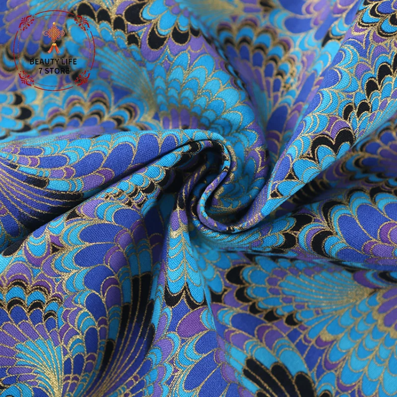 Japanese Style Bronzed Fabric 100% Cotton Printed Peacock Phoenix Tail Cloth For Sewing Kimono Bags Handmade DIY