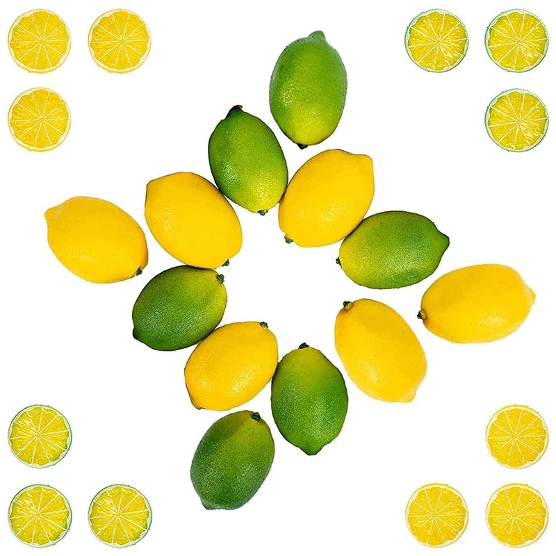 

24PCS Vivid Fake Lemons Limes And Slices Set, Artificial Fruit Decorations For Home Kitchen Table Cabinet Weddings