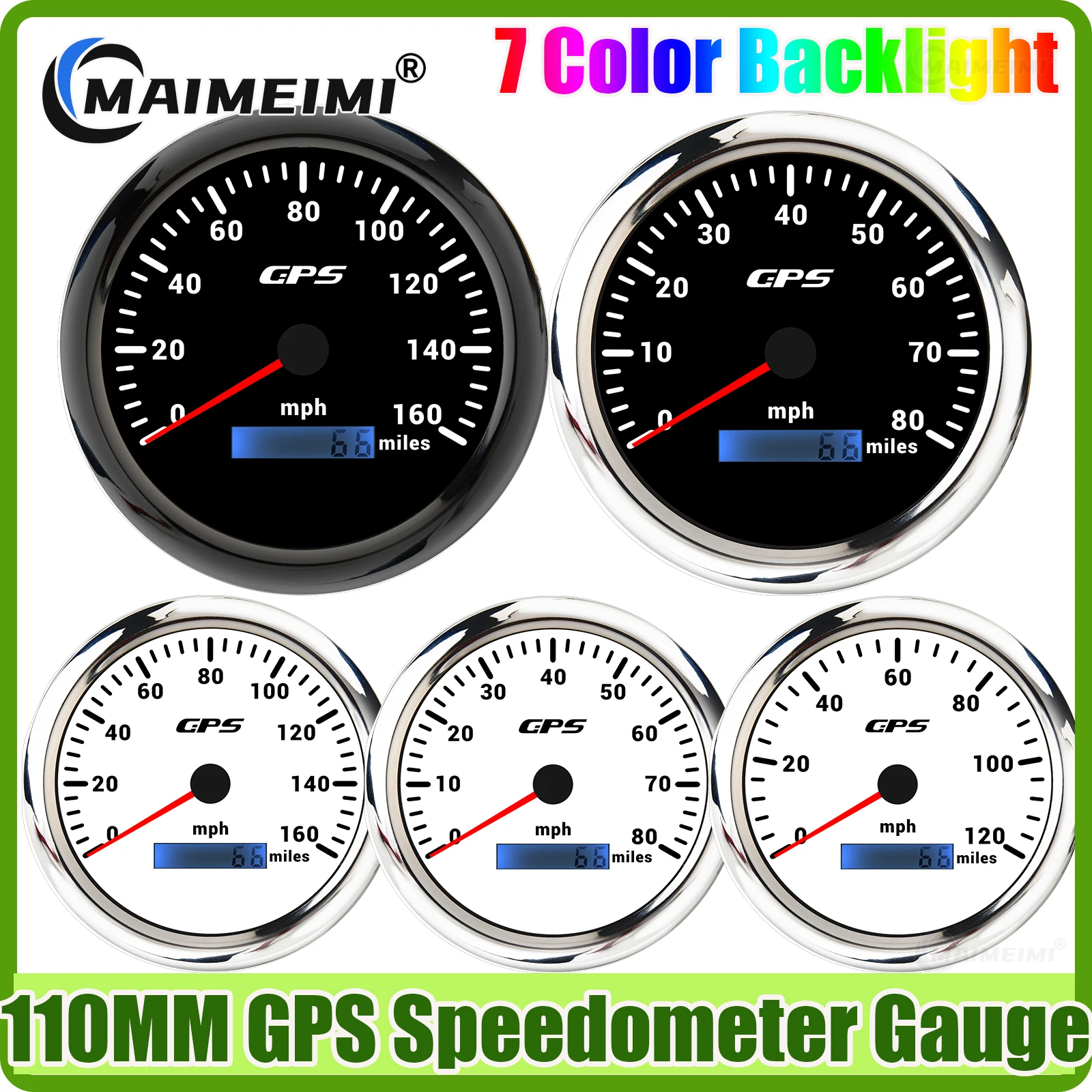 110MM GPS Speedometer with Antenna 7 Color Backlight 80MPH 120MPH 160MPH Speed Meter Odometer Waterproof for Boat Yacht Car