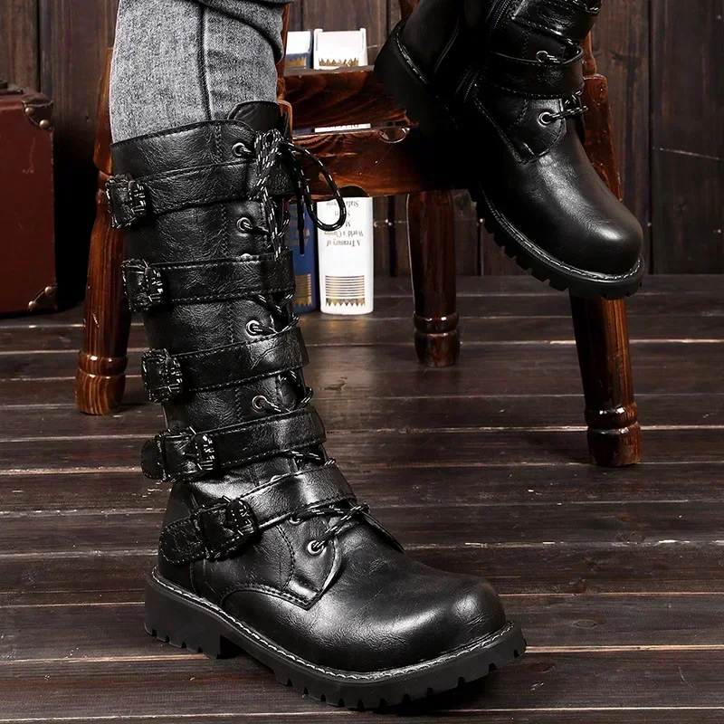 Winter Men's Leather Motorcycle Boots Punk Chain Mid-calf Platform Gothic Combat Boots for Men Biker Boots Men 2024