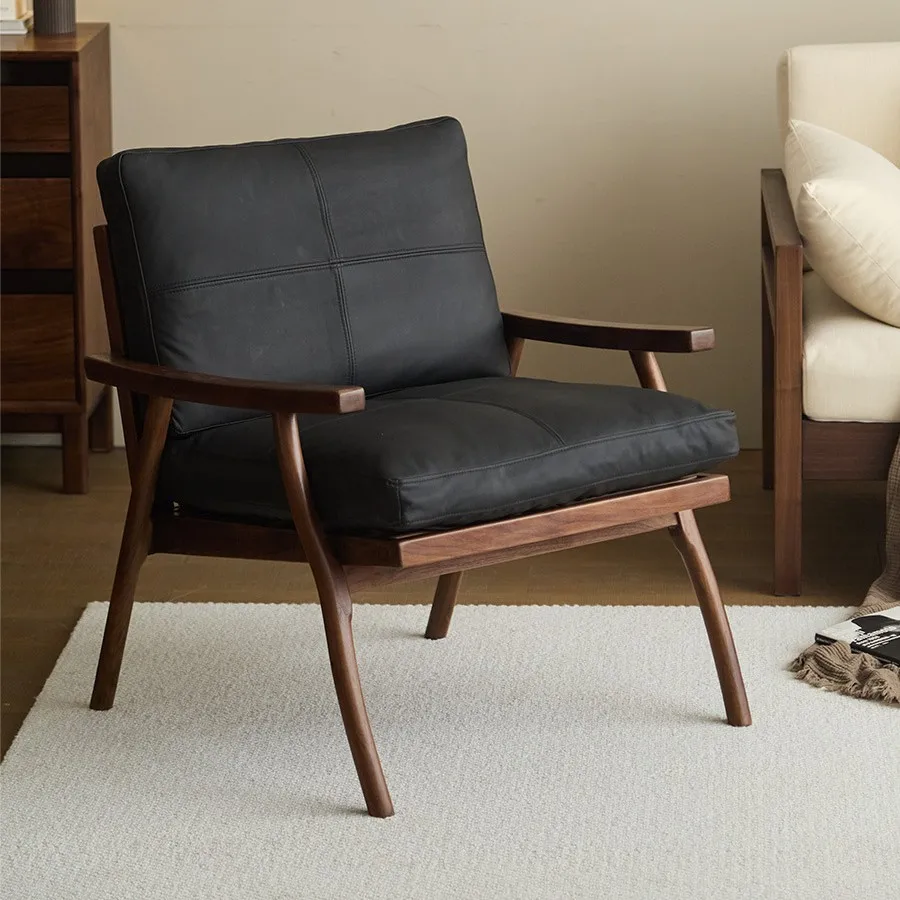 

Black walnut leisure solid wood single sofa chair Living room armchair leather single chair
