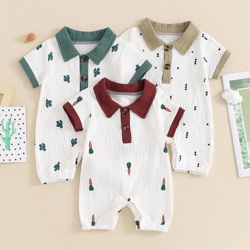 

2024-03-13 Lioraitiin 0-24M Newborn Baby Boy Jumpsuit Summer Short Sleeve Lapel Collar Graphic Print Romper Playsuit