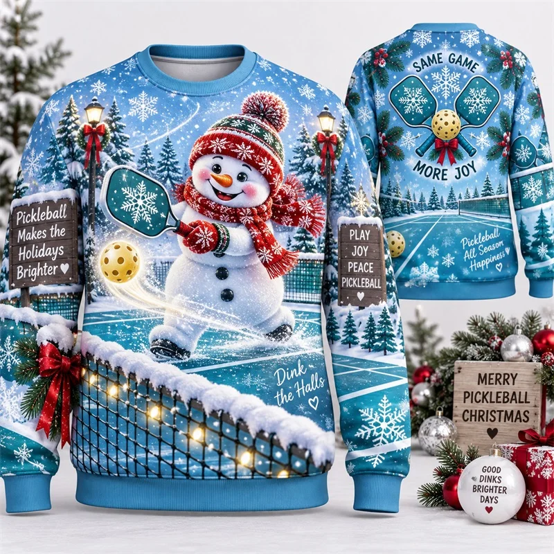 Pickleball Snowman Graphic Sweatshirt for Men Christmas Winter Snow Scene Xmas Long Sleeve Pullover ugly christmas sweater
