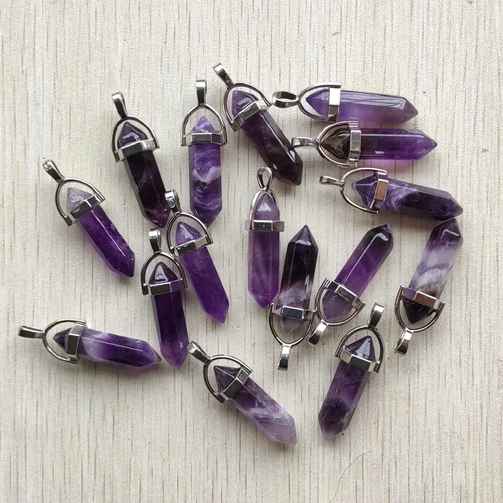 Fashion Natural Amethyst stone crystal pillar Hexagonal healing Reiki Point pendants for jewelry making 24pcs/lot Wholesale