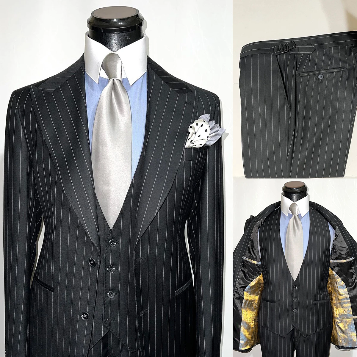 

Pinstriped Men's Wedding Suits Peaked Lapel Tuxedos Slim Fit Groom Wear Set Costume Homme 3 Pcs Jacket Pants Vest Customize