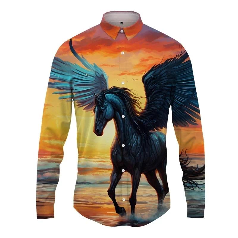 

New Fashion 3D Full Print Horse Graphic Shirts For Man Casual Long Sleeves Button Up Blouse Top Streetwear Mens Beach Shirt