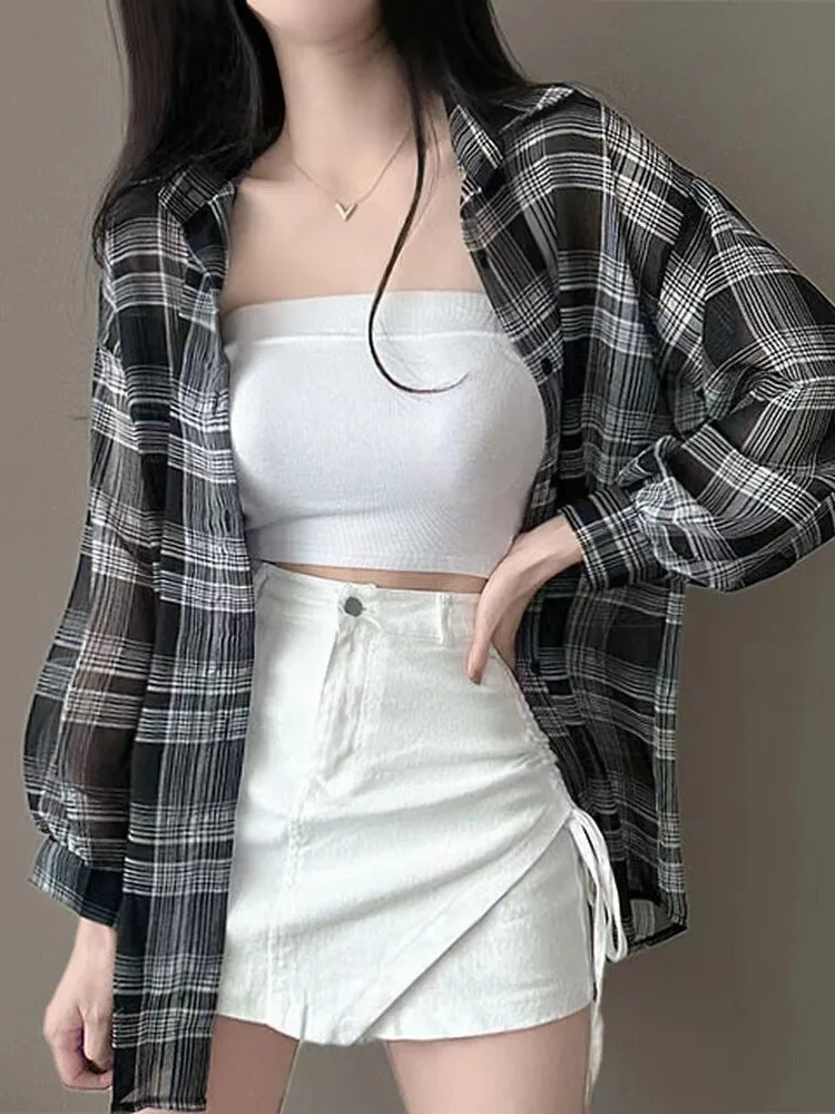 시크한 여름 레이지 스타일 루즈핏 다용도 패셔너블한 젊은 감각의 체크무늬 셔츠 여성용 얇은 자외선 차단 오픈 가디건 아우터웨어