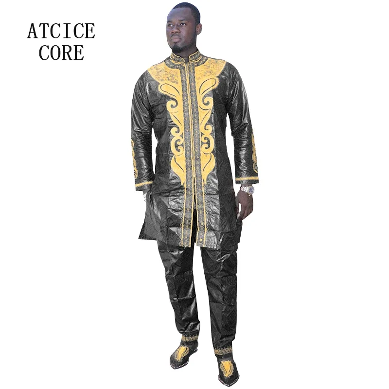 African Man Fashion Bazin Riche Embroidery Design Long Top With Pants Without Shoes