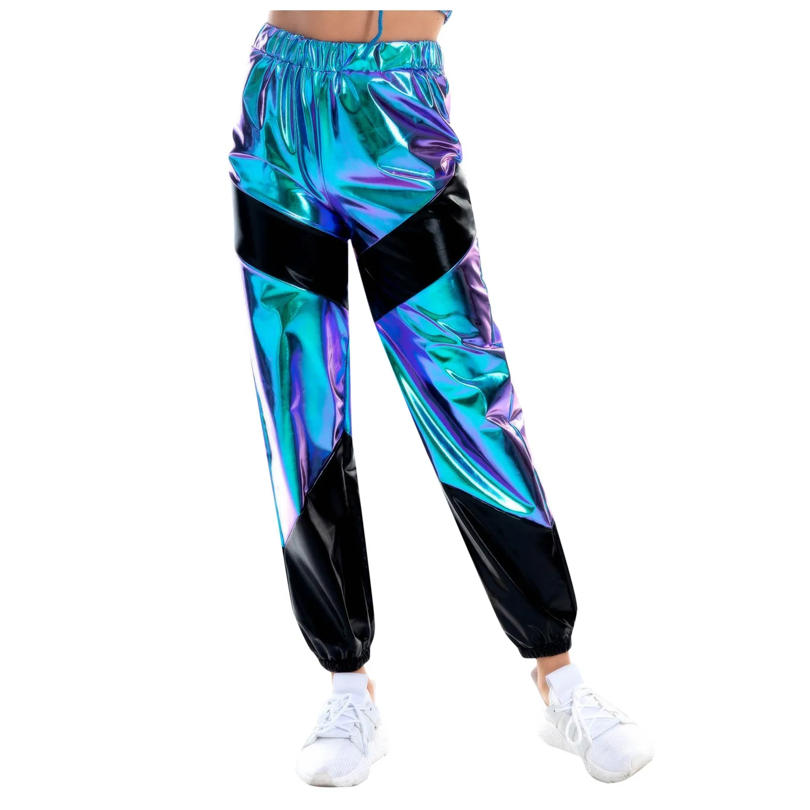 Women Shiny Metallic Joggers Pants Festival Disco Pole Street Wear Dance Wear Sweatpant Hip Hop Trouser Holographic Clothes Rave