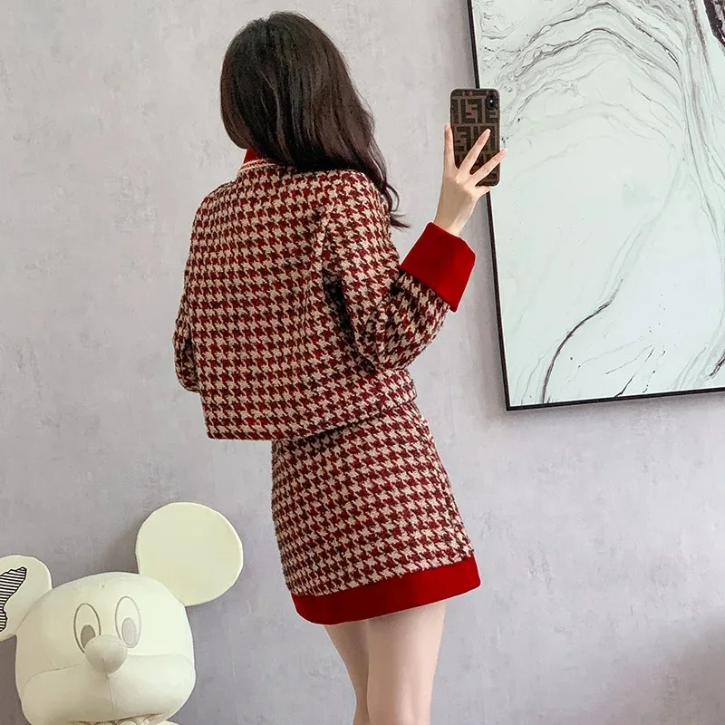 Houndstooth French Sweet Fall Winter Pink Tweed Two Piece Set Women O Neck Bowknot Single Breasted Short Coat + Mini Skirt Suit