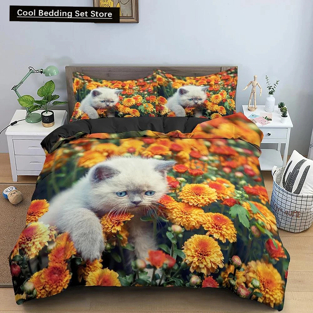 

Cat Flowers King Queen Duvet Cover 3D Pet Kitty Floral Bedding Set Teens Adult Yellow Chrysanthemum 2/3pcs Polyester Quilt Cover