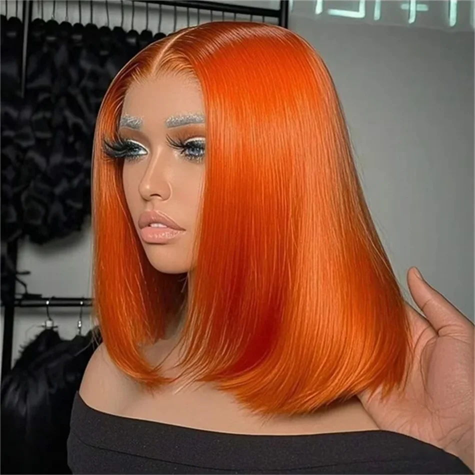 

Ginger Orange Short Bob Wig Glueless Lace Front Wig Colored Human Hair Wigs On Sale Bone Straight Transparent Lace Frontal Wig