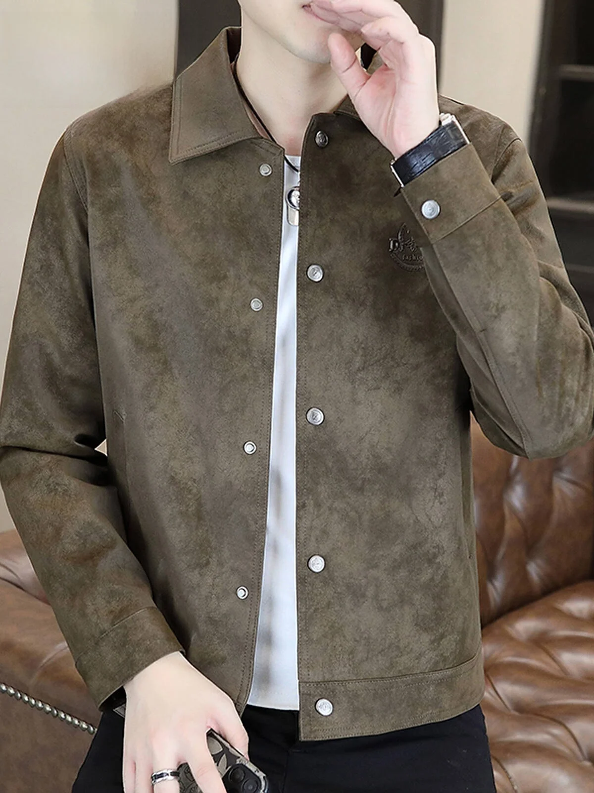 

Spring 2026 Men's Casual Loose Suede Jaet Turn-down Collar Leisure Outerwear FGN Faion Brand Youth ular Polyester Fiber