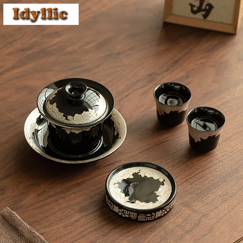 

Gilt Silver Hand-painted Peony Tea Set Complete Set Traditional Tea Ceremony Set Teapot And Tea Cup Set Chinese Tea Set Ornament