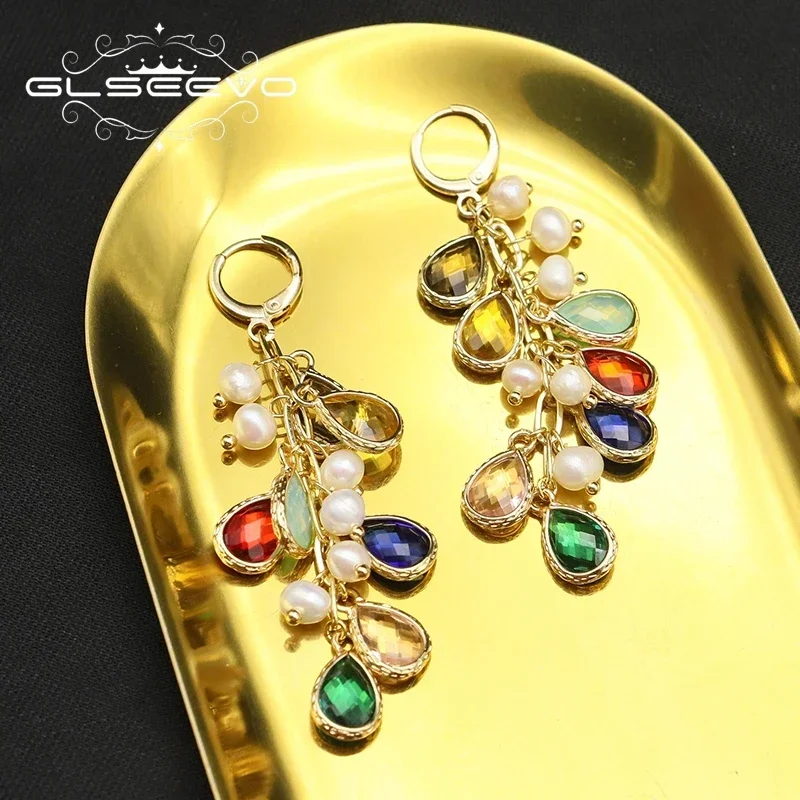 GLSEEVO 925 Silver Colorful Water Drop Pearl Woman Earrings Korea Metal Chain Exquisite Personality Temperament Banquet Jewelry