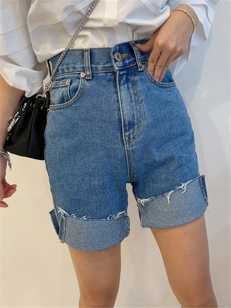 Seoulish Mùa Hè Nóng Quần Short Jean Nữ Cao Cấp Nữ Tua Rua Denim Quần Short Jeans Nửa Quần Femme 2022 Dạo Phố