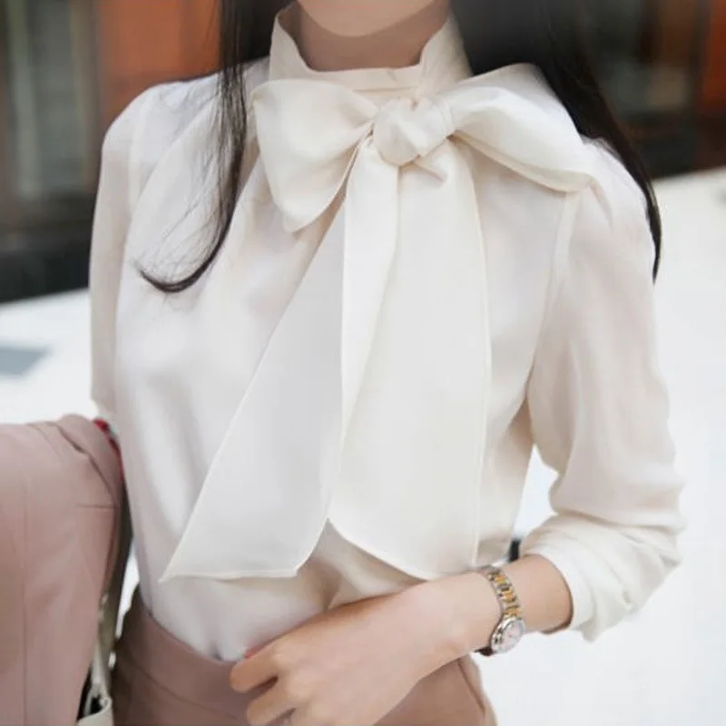 Fashion Solid Color Turtleneck Blouse Elegant Bow Spring Autumn Korean Loose All-match Female Clothing Folds Long Sleeve Shirt