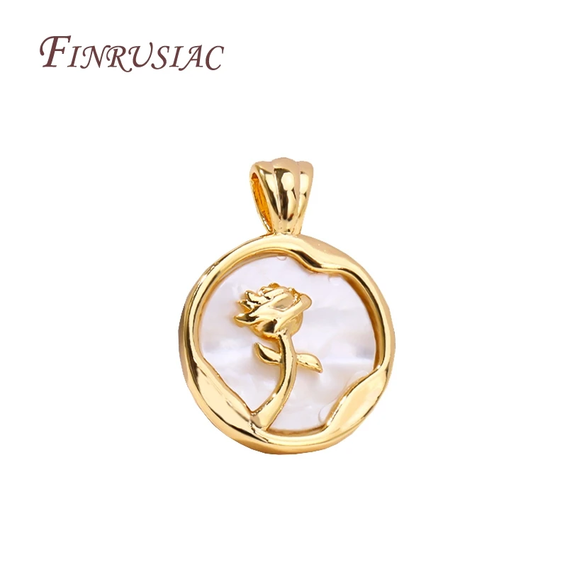 18K Real Gold Plated Rose Pendant Jewellery Making Supplies,Natural Shell Round Charms For DIY Necklace Making Crafts